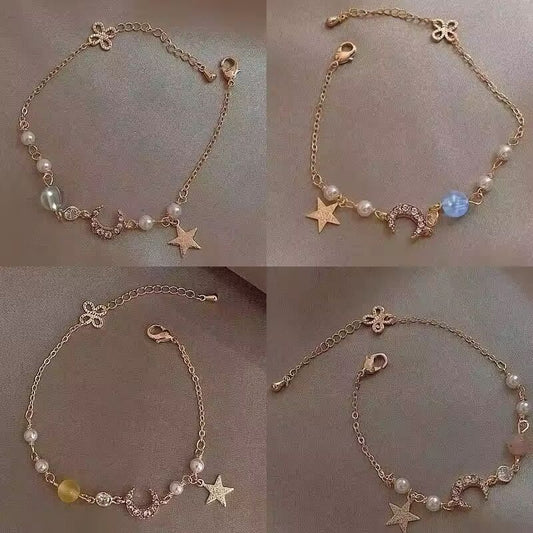 Girls Gold Color Zircon Star Moon Pearl Bracelet Simple Geometric Fashion Women Chain Bracelets Charming Elegant Jewelry Gift