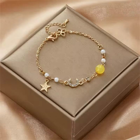 Girls Gold Color Zircon Star Moon Pearl Bracelet Simple Geometric Fashion Women Chain Bracelets Charming Elegant Jewelry Gift