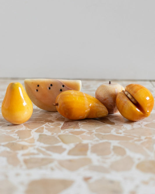 Set of 5 vintage alabaster fruits - yellow stone fruit handmade - Mid Century Design